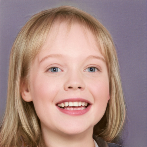 Joyful white child female with long  brown hair and blue eyes