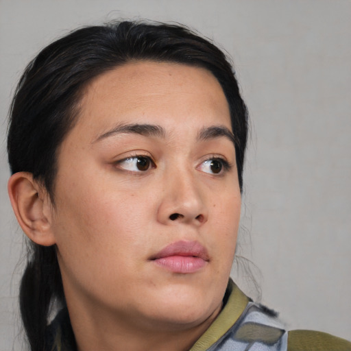 Neutral asian young-adult female with medium  black hair and brown eyes