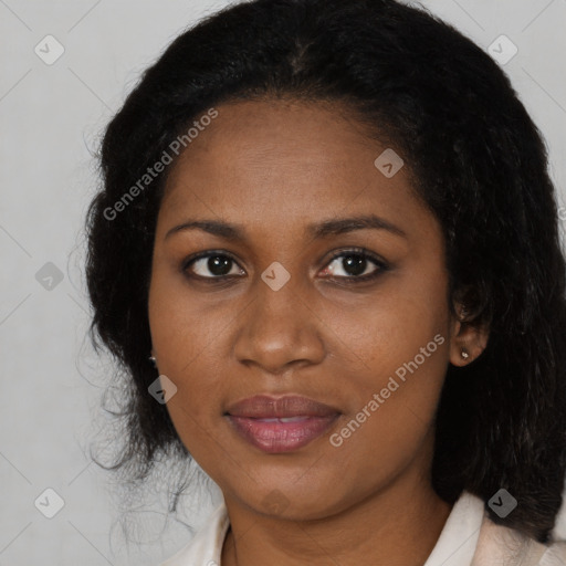 Joyful black young-adult female with medium  brown hair and brown eyes