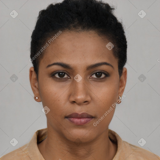 Neutral black young-adult female with short  brown hair and brown eyes