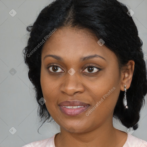 Joyful black young-adult female with medium  black hair and brown eyes