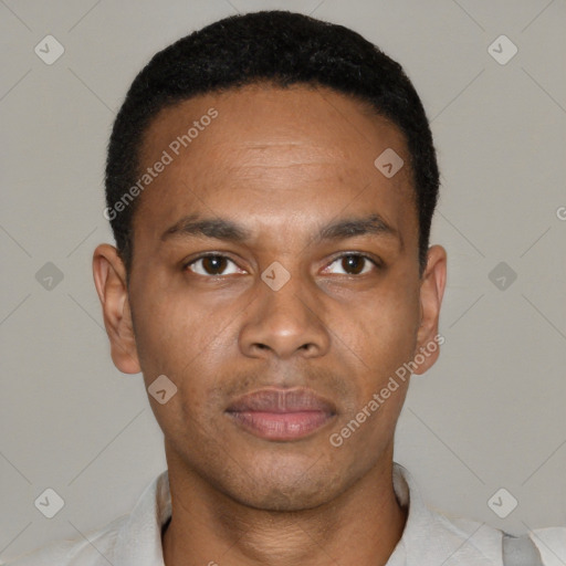 Neutral black young-adult male with short  black hair and brown eyes