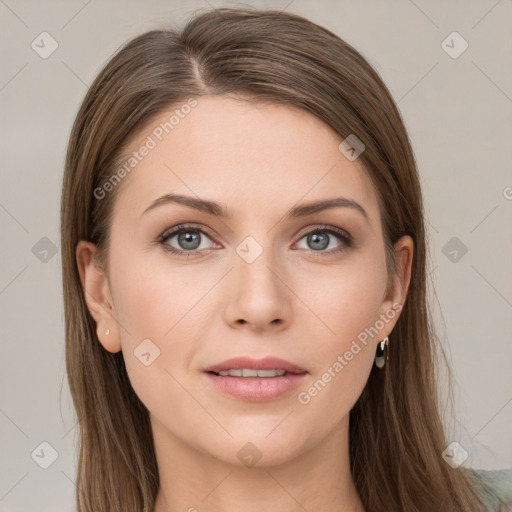 Neutral white young-adult female with long  brown hair and grey eyes