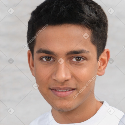 Joyful white young-adult male with short  black hair and brown eyes