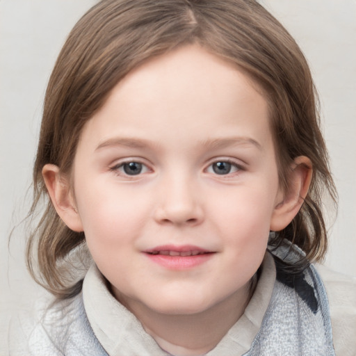 Joyful white child female with medium  brown hair and blue eyes