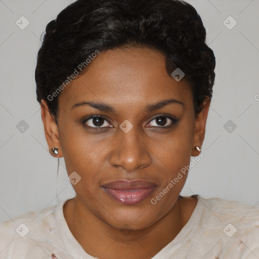 Joyful black young-adult female with short  brown hair and brown eyes