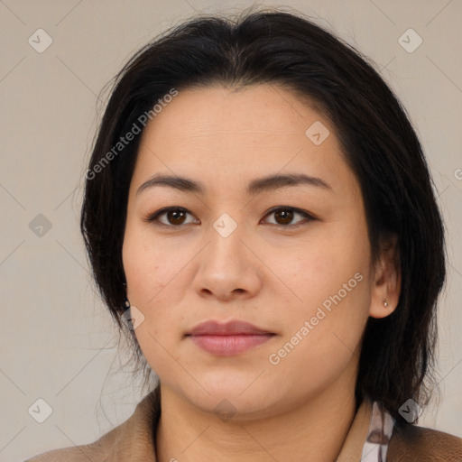 Neutral asian young-adult female with medium  brown hair and brown eyes