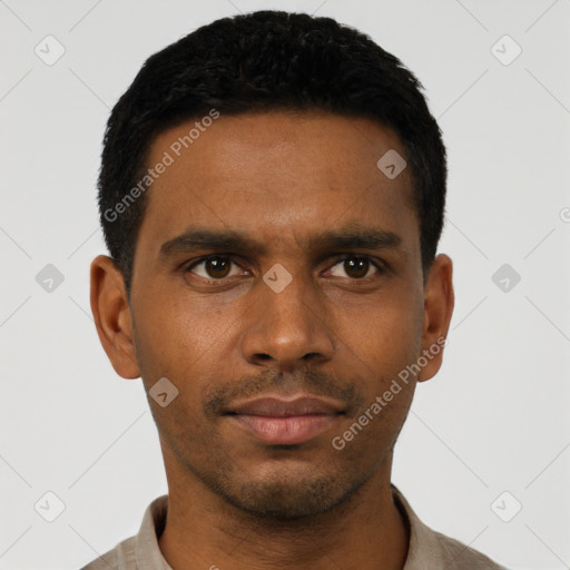 Neutral black young-adult male with short  black hair and brown eyes