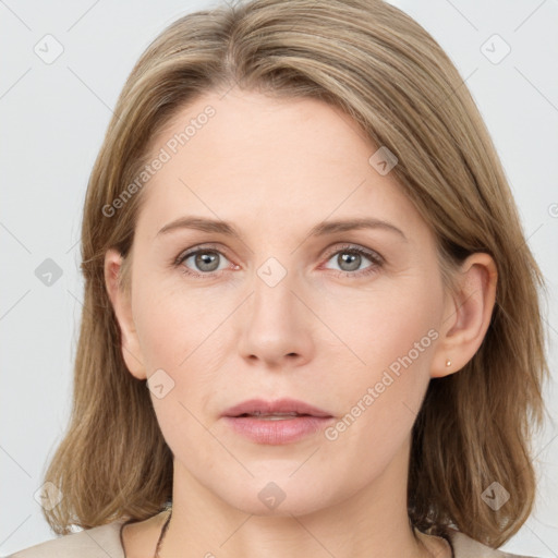 Neutral white young-adult female with medium  brown hair and grey eyes