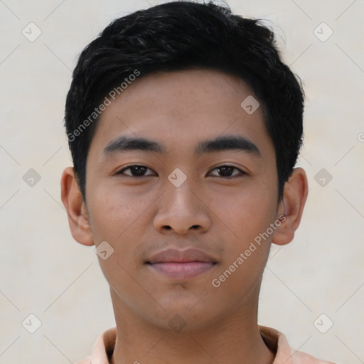 Neutral asian young-adult male with short  black hair and brown eyes