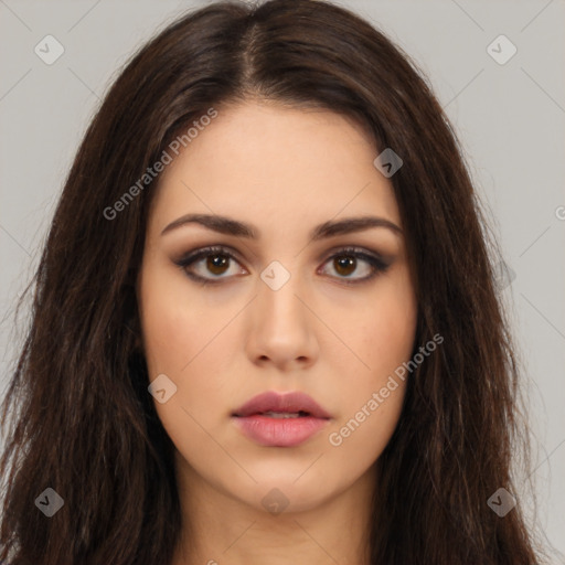 Neutral white young-adult female with long  brown hair and brown eyes