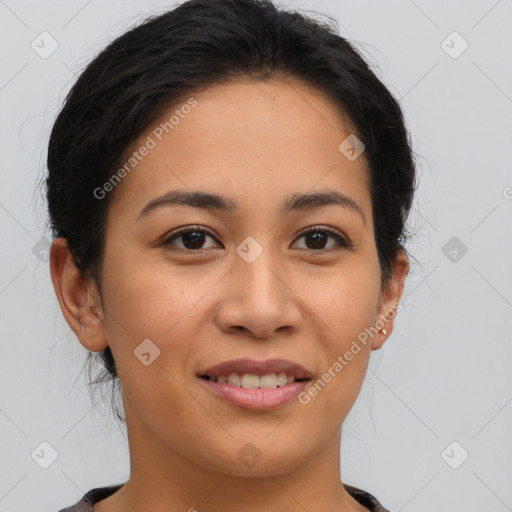 Joyful latino young-adult female with medium  brown hair and brown eyes