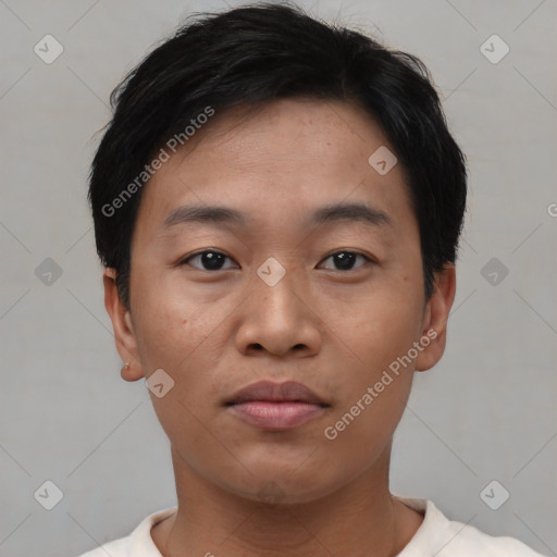 Neutral asian young-adult male with short  brown hair and brown eyes