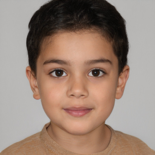 Joyful white child female with short  brown hair and brown eyes