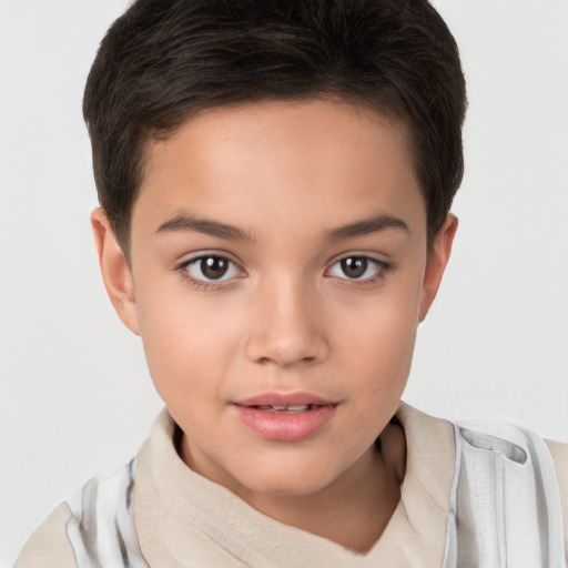 Joyful white child female with short  brown hair and brown eyes