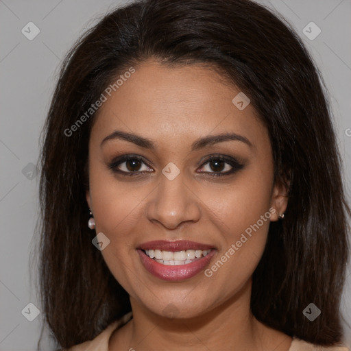 Joyful white young-adult female with long  brown hair and brown eyes