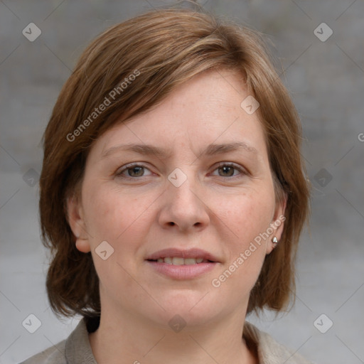 Joyful white young-adult female with medium  brown hair and blue eyes