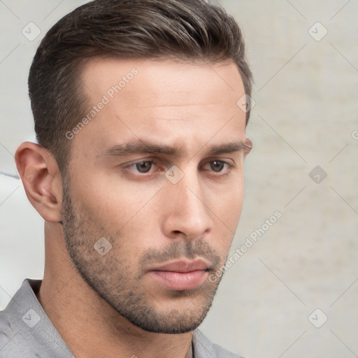 Neutral white young-adult male with short  brown hair and brown eyes