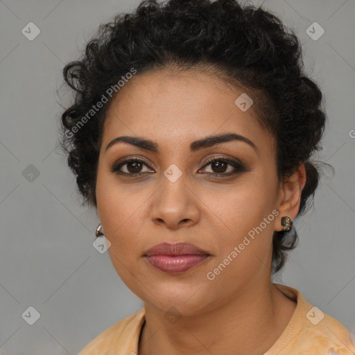 Joyful latino young-adult female with short  brown hair and brown eyes