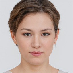 Neutral white young-adult female with short  brown hair and brown eyes