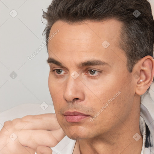 Neutral white young-adult male with short  brown hair and brown eyes