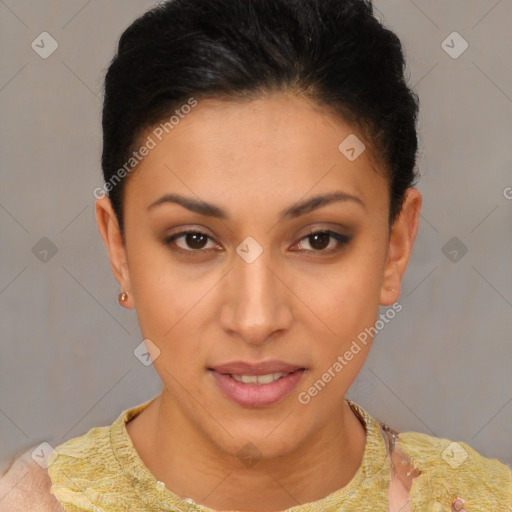 Joyful latino young-adult female with short  brown hair and brown eyes