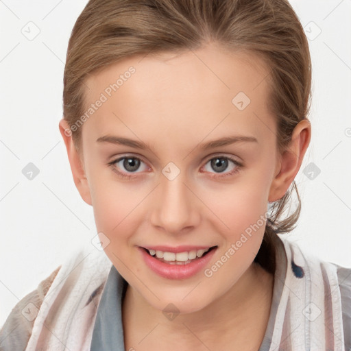 Joyful white child female with medium  brown hair and brown eyes