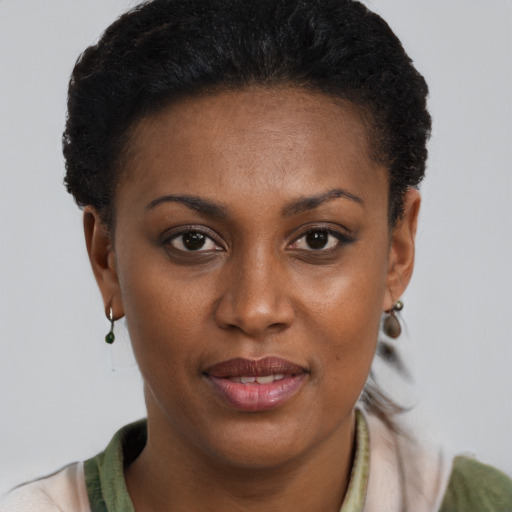 Joyful black young-adult female with short  brown hair and brown eyes
