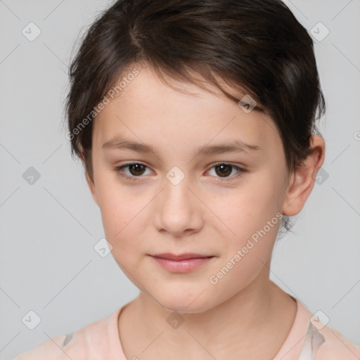 Joyful white child female with medium  brown hair and brown eyes