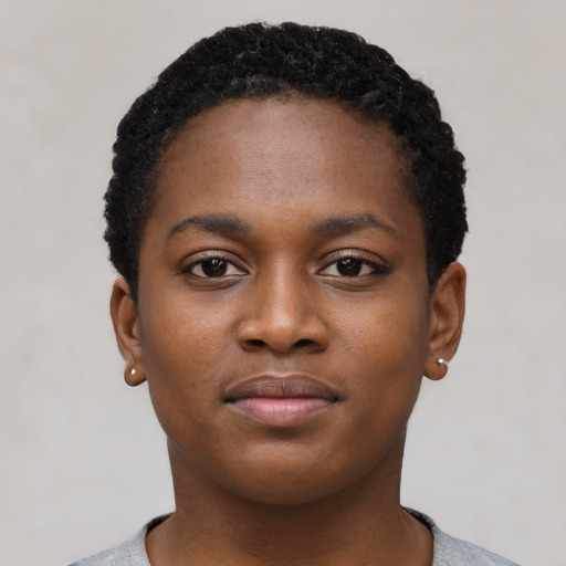 Neutral black young-adult female with short  black hair and brown eyes