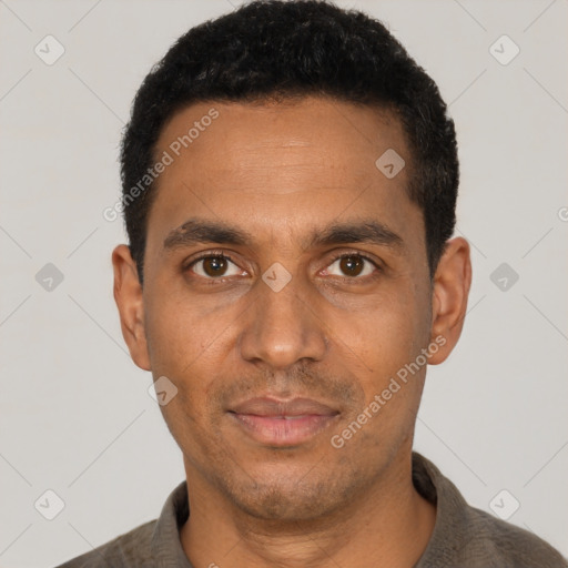 Neutral latino adult male with short  black hair and brown eyes