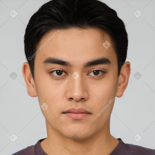 Neutral asian young-adult male with short  black hair and brown eyes