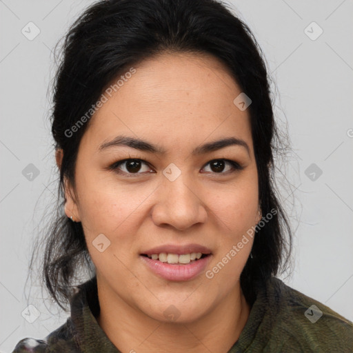 Joyful asian young-adult female with medium  brown hair and brown eyes