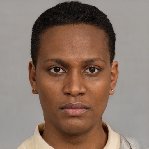Neutral latino young-adult female with short  black hair and brown eyes