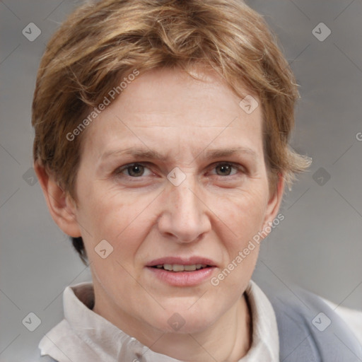 Joyful white adult female with short  brown hair and brown eyes