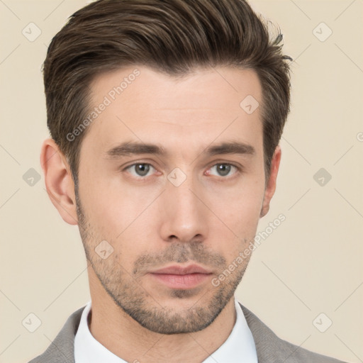 Neutral white young-adult male with short  brown hair and brown eyes