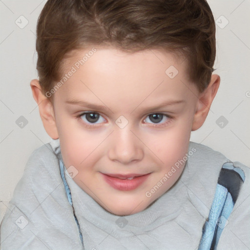 Joyful white child female with short  brown hair and brown eyes