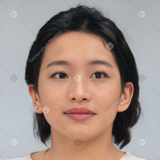 Neutral asian young-adult female with medium  black hair and brown eyes