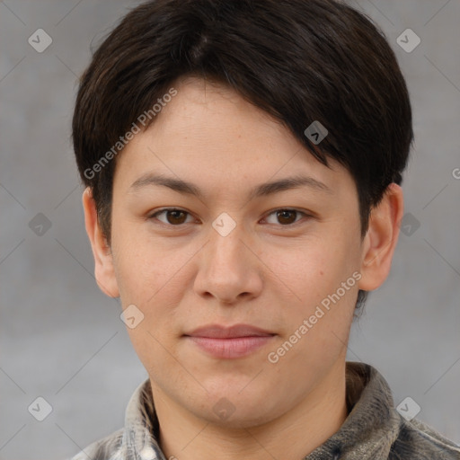 Joyful white young-adult female with short  brown hair and brown eyes