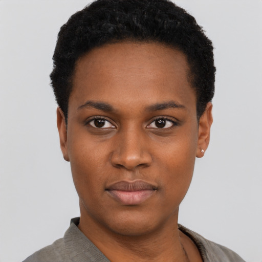 Neutral black young-adult female with short  black hair and brown eyes