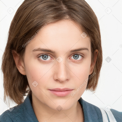 Neutral white young-adult female with medium  brown hair and grey eyes