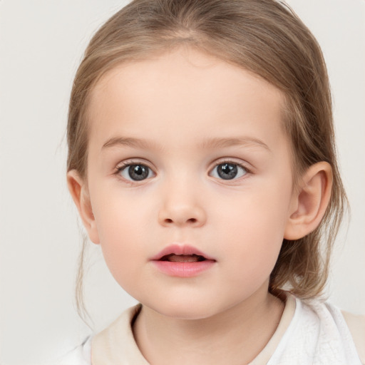 Neutral white child female with medium  brown hair and grey eyes