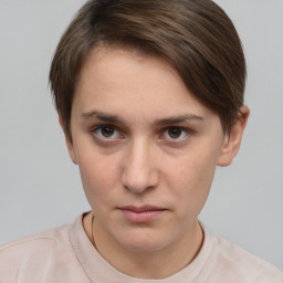 Neutral white young-adult female with short  brown hair and brown eyes