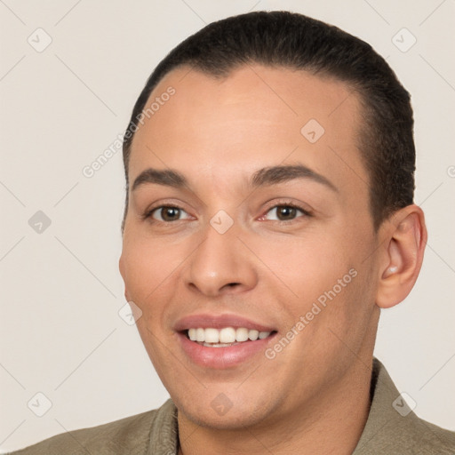 Joyful white young-adult male with short  brown hair and brown eyes