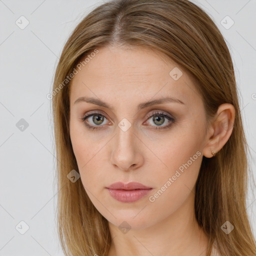 Neutral white young-adult female with long  brown hair and brown eyes