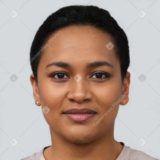 Joyful latino young-adult female with short  black hair and brown eyes