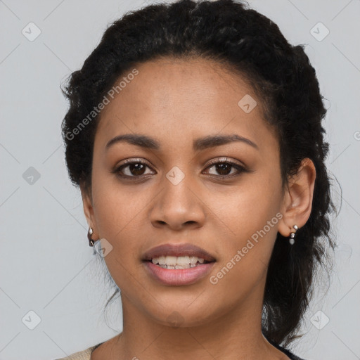 Joyful latino young-adult female with short  black hair and brown eyes