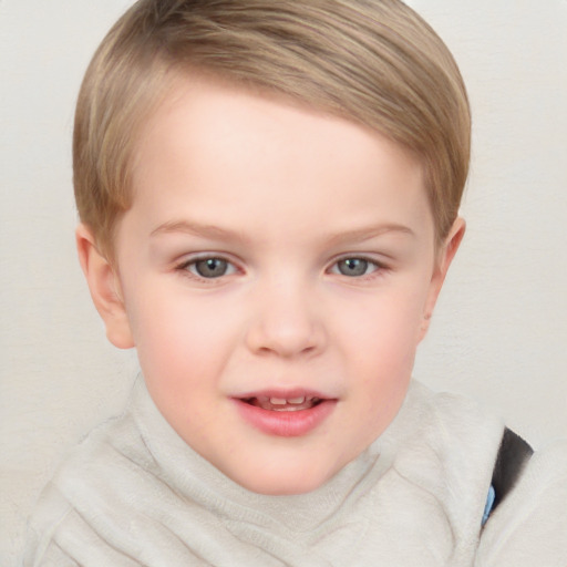 Joyful white child female with short  brown hair and blue eyes