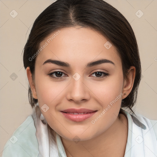 Joyful white young-adult female with medium  brown hair and brown eyes