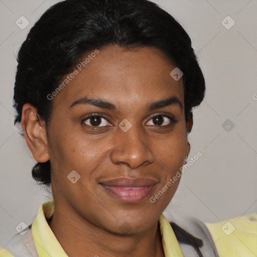 Joyful latino young-adult female with short  brown hair and brown eyes